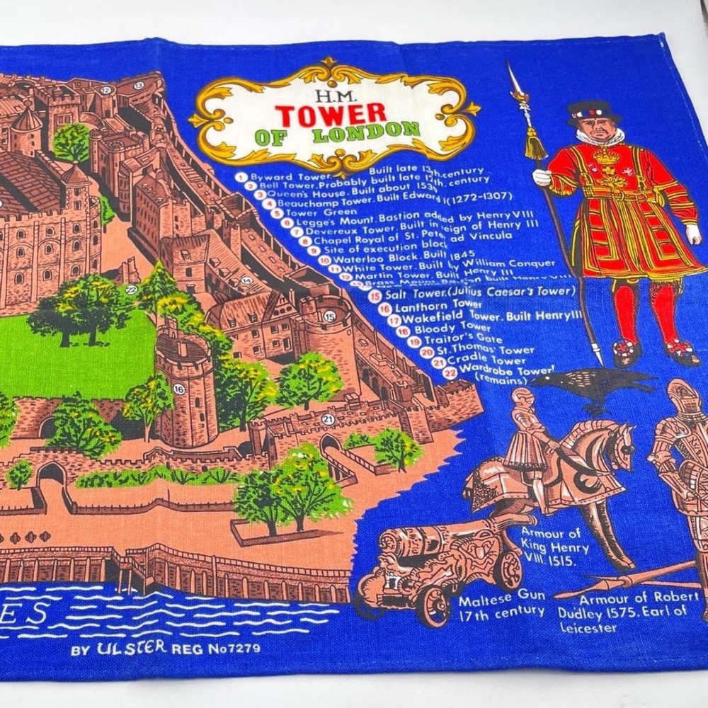 Ulster Tower of London Tea Towel Blue Vintage Irish Linen Map Landmarks Souvenir